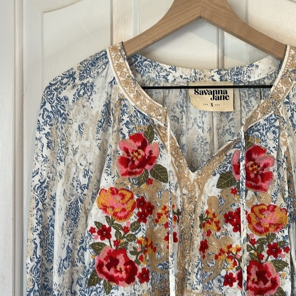 Savanna Jane | Floral Embroidered Boho Paisley Print Split Neck Blouse Small - Picture 3 of 11